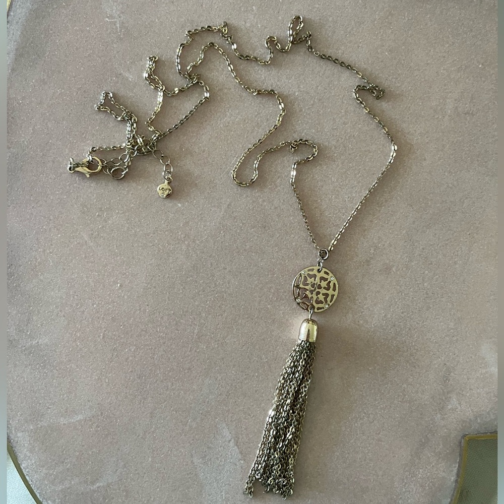 Loft Gold Tone Tassel Pendant Necklace | Openwork Medallion Statement Necklace